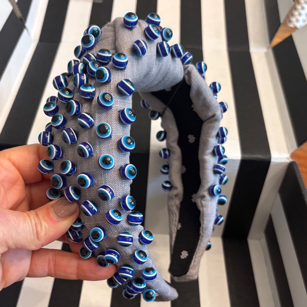 Gray Headband with Blue Beaded Accents
